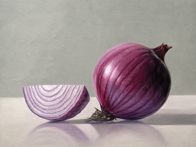 This artwork features a red onion and a quarter sliced onion resting on a light, reflective surface.