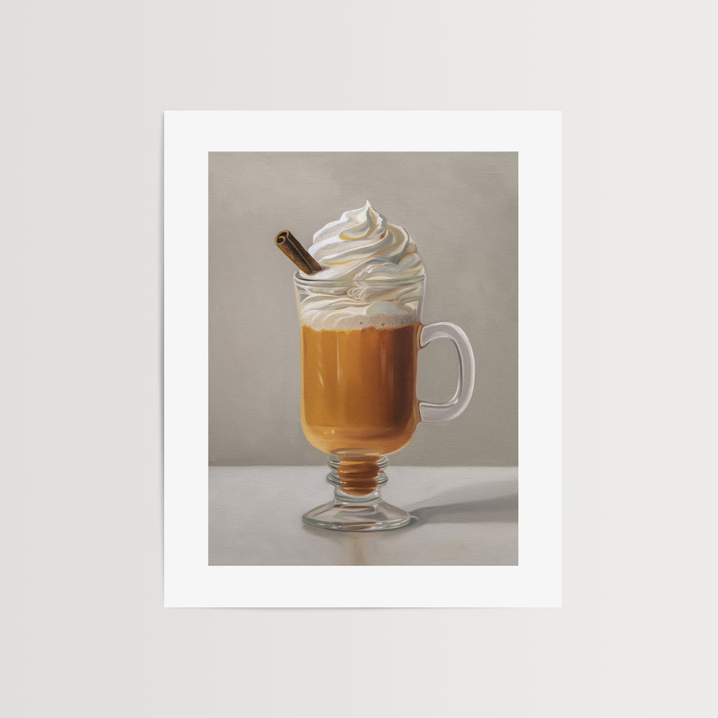 This artwork features a pumpkin spice latte with a cinnamon stick protruding out of a generous amount of whip cream.