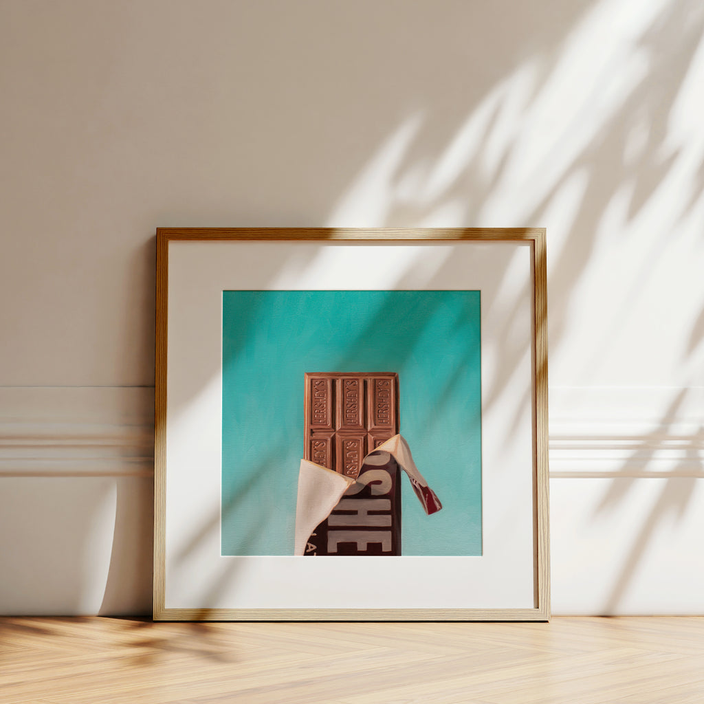 This artwork features a Hershey's candy bar with an opened wrapper and a bright turquoise background.