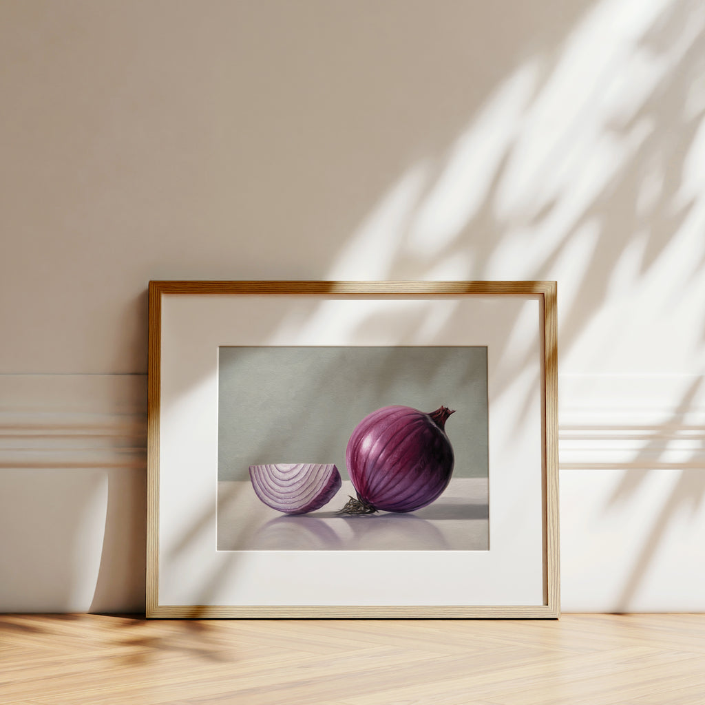 This artwork features a red onion and a quarter sliced onion resting on a light, reflective surface.
