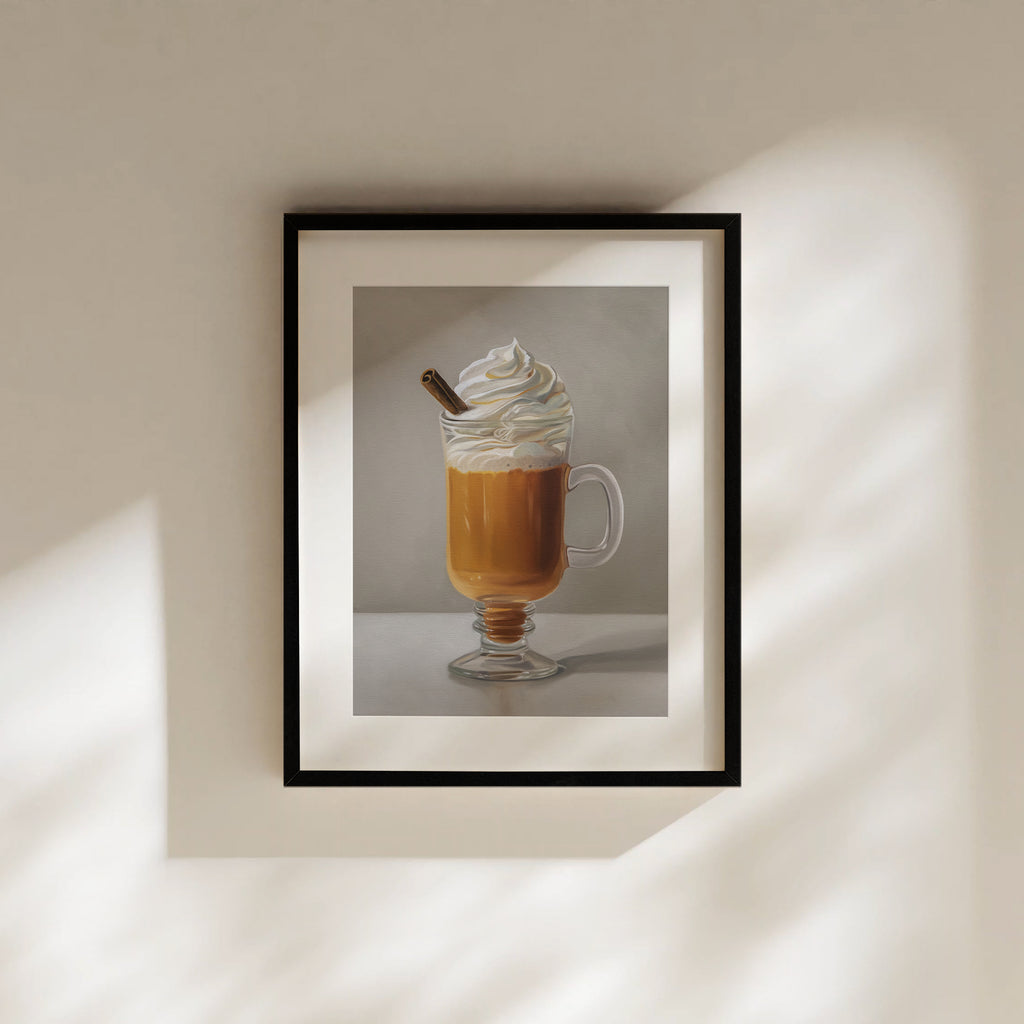 This artwork features a pumpkin spice latte with a cinnamon stick protruding out of a generous amount of whip cream.