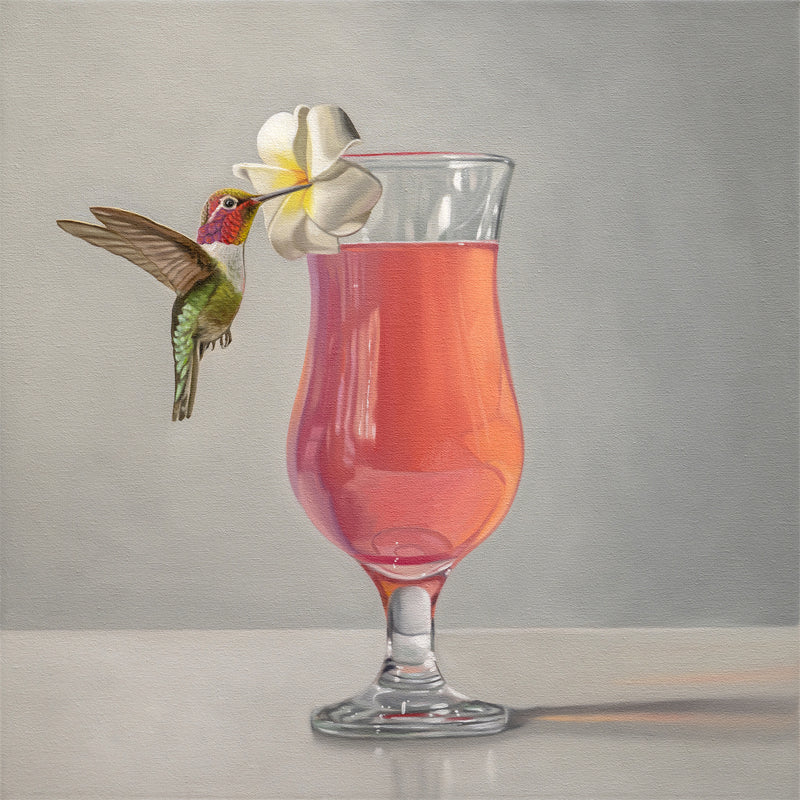 This artwork features an Anna’s Hummingbird visiting a plumeria blossom that rests on the lip of a pink cocktail.