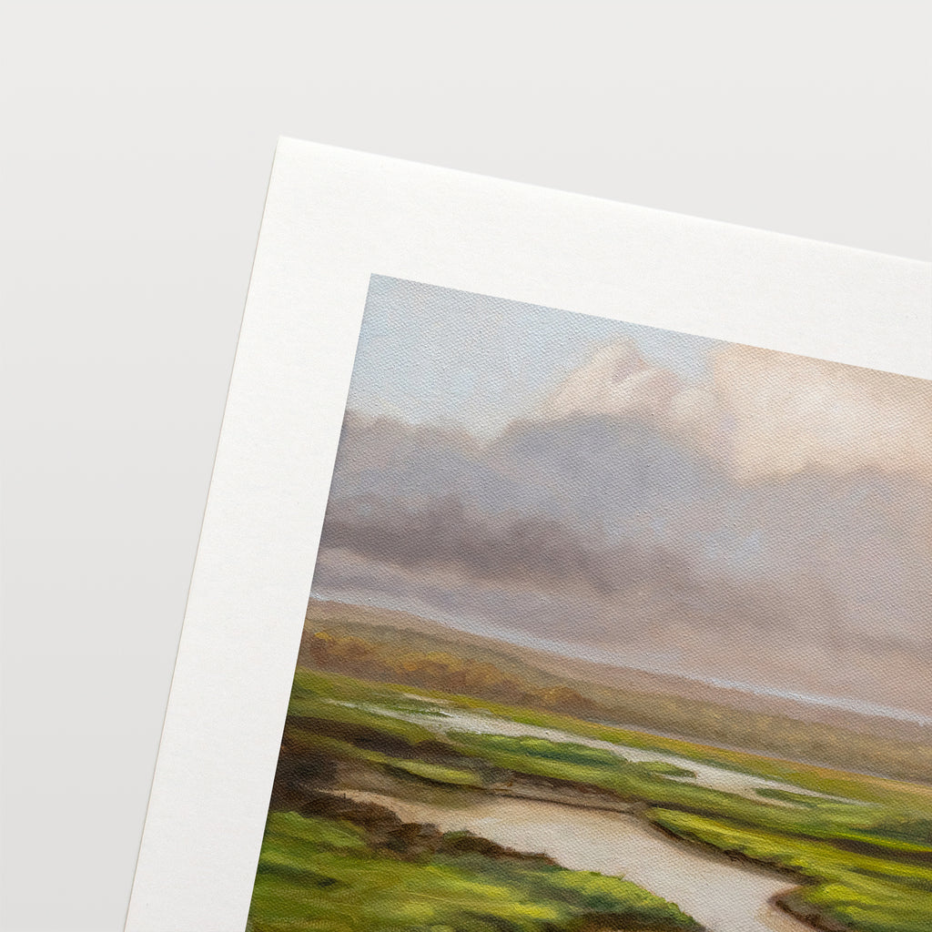 This artwork features a river landscape during early morning just after a summer rain.