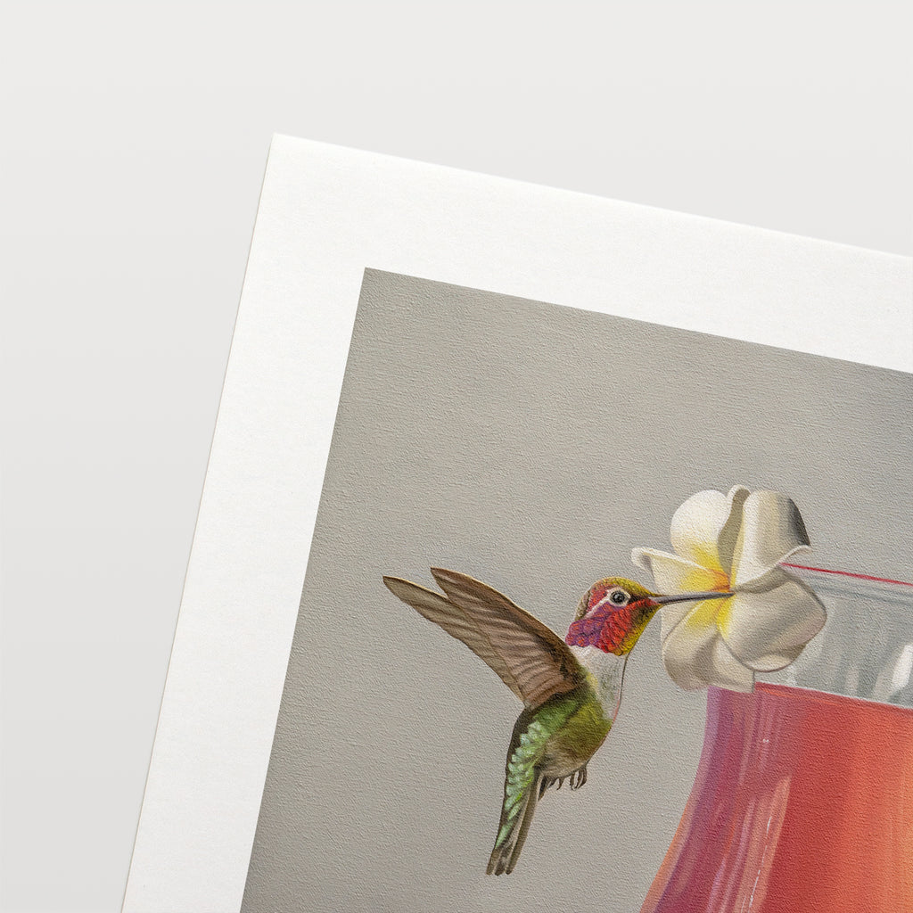This artwork features an Anna’s Hummingbird visiting a plumeria blossom that rests on the lip of a pink cocktail.