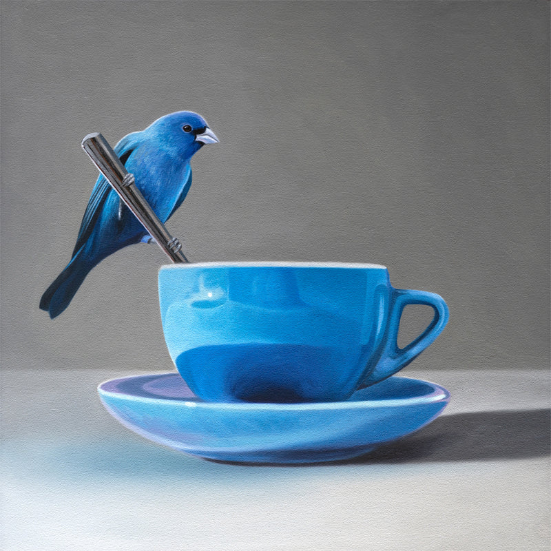 This artwork features an Indigo Bunting perched on the handle of a spoon resting on the edge of a blue cup with saucer.