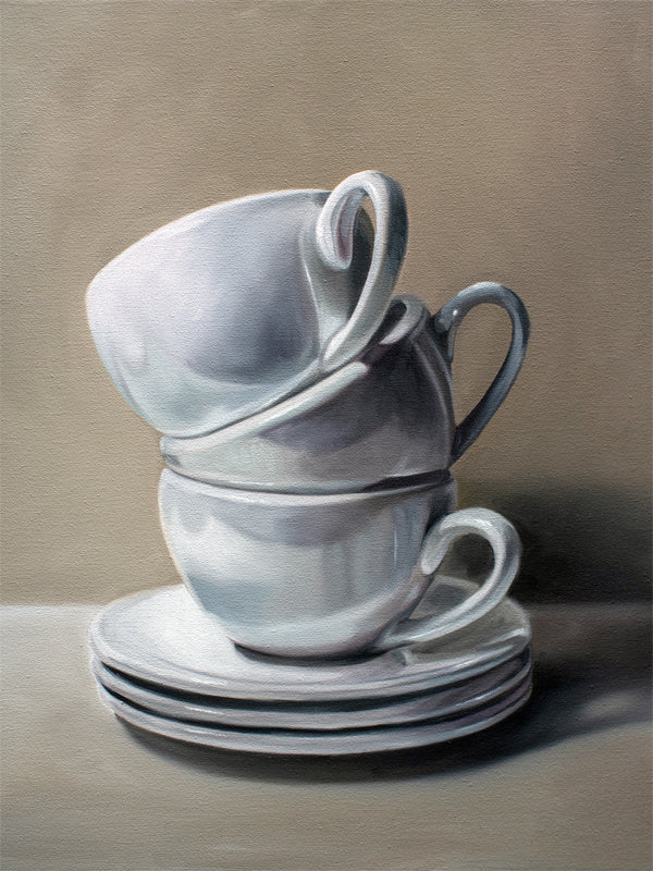 This artwork features a precariously balancing stack of porcelain cups and saucers.