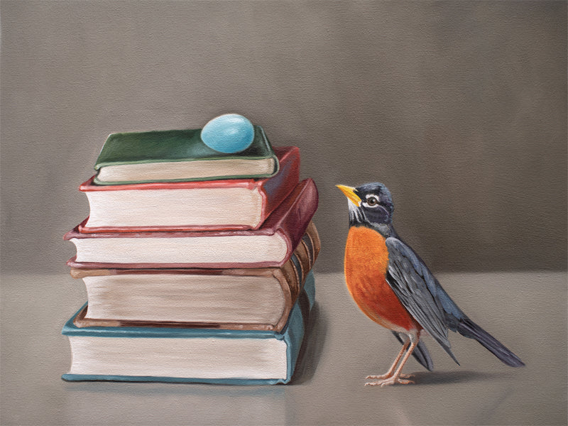 This artwork features a Robin peeking up towards an egg resting upon a stack of colorful vintage books.
