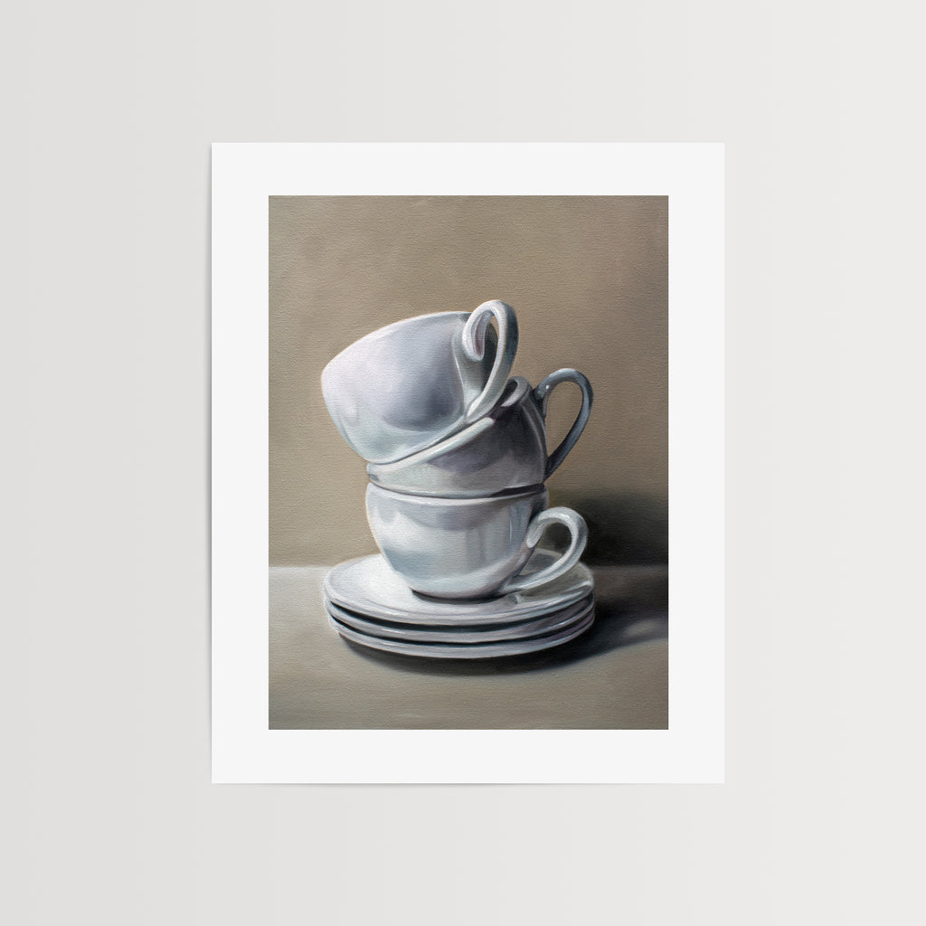 This artwork features a precariously balancing stack of porcelain cups and saucers.