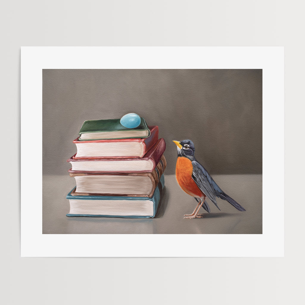 This artwork features a Robin peeking up towards an egg resting upon a stack of colorful vintage books.
