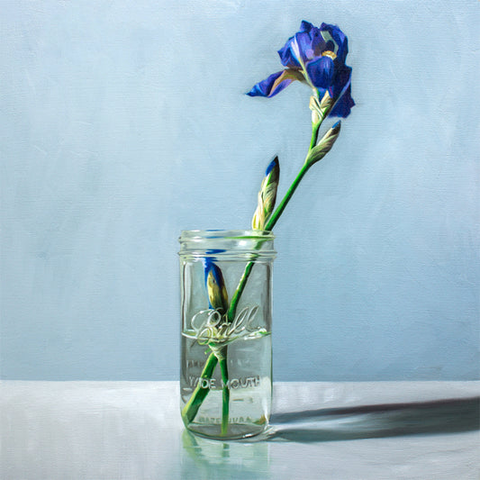 This artwork features a classic glass jar with a single lovely purple iris flower.