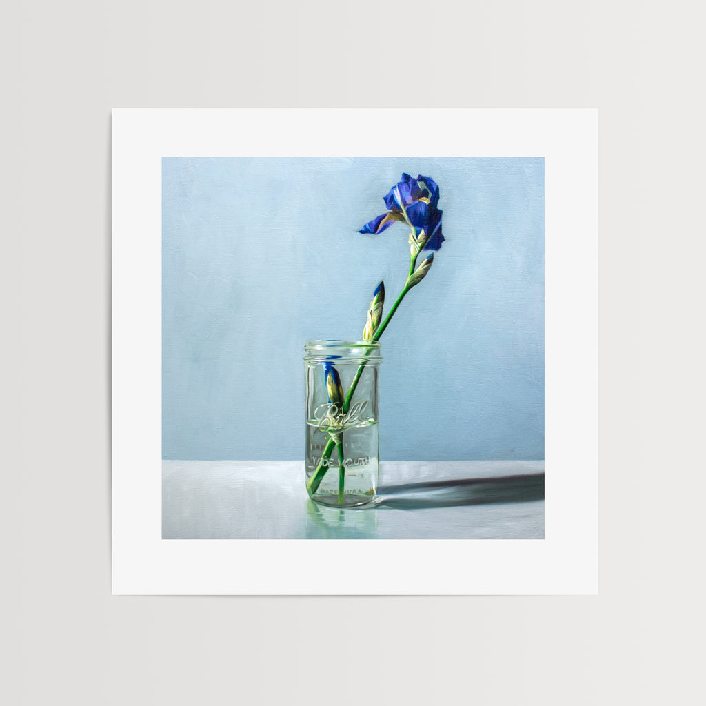 This artwork features a classic glass jar with a single lovely purple iris flower.