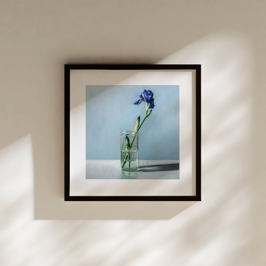 This artwork features a classic glass jar with a single lovely purple iris flower.