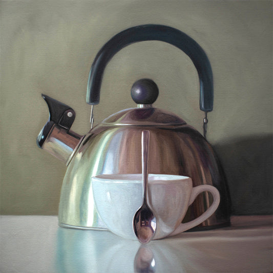 This artwork features a coffee cup resting next to a vintage tea kettle.This artwork is from a series featuring tea kettles paired with various objects.