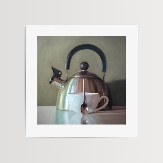This artwork features a coffee cup resting next to a vintage tea kettle.This artwork is from a series featuring tea kettles paired with various objects.
