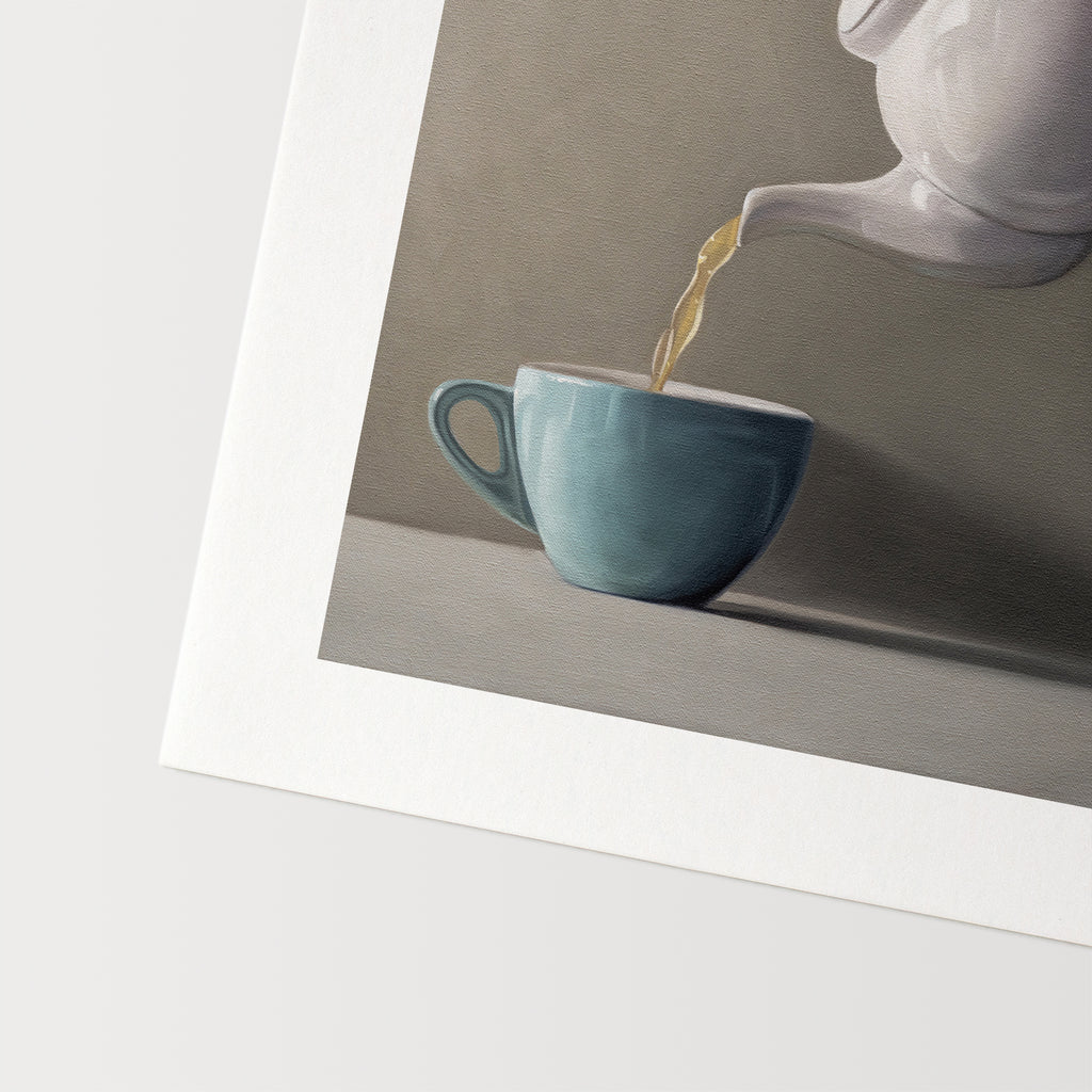 This artwork features a honey bee observing a backlit tipped honey bear bottle drizzling golden honey down onto a lemon slice that rests on the lip of a glass cup of tea.