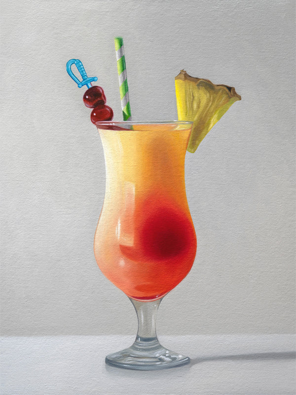 This painting features a fruity cocktail garnished with a pair of cherries, pineapple wedge and green swirly straw.