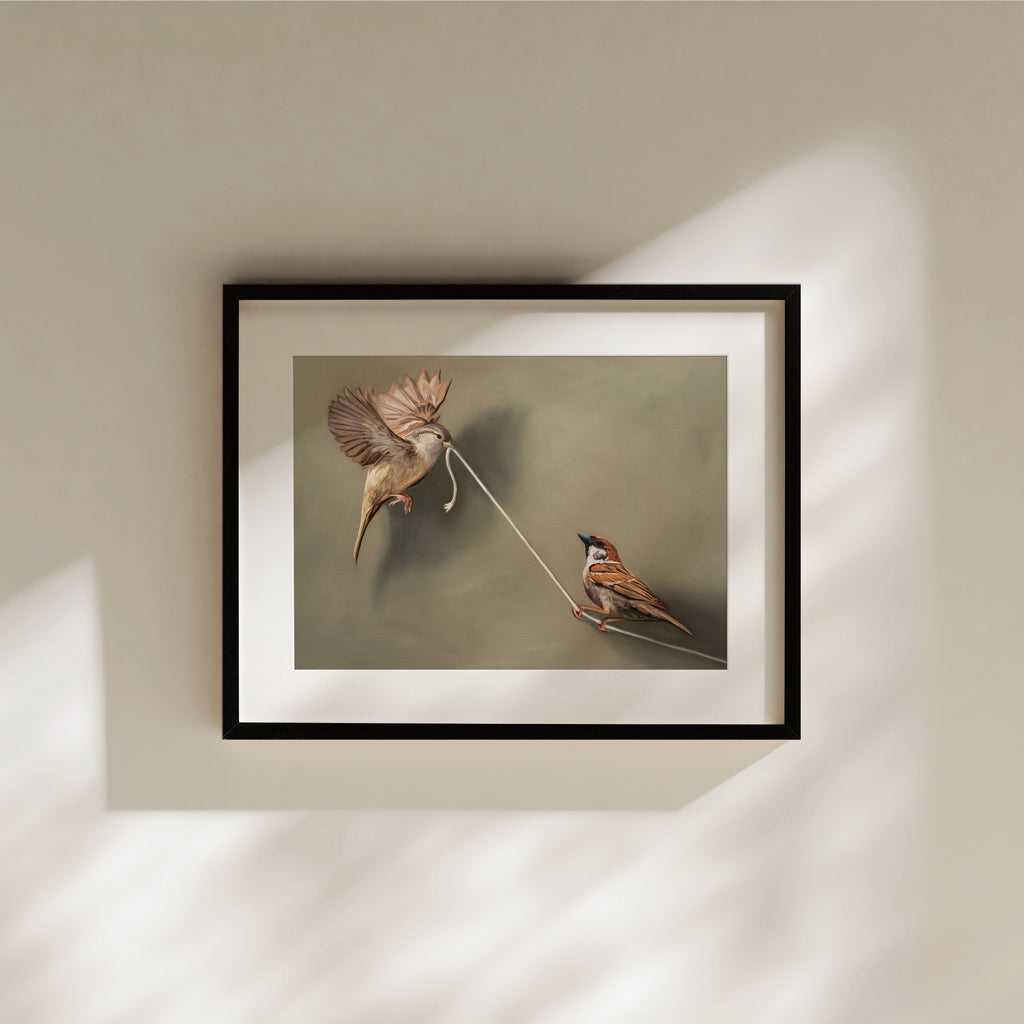 This artwork features a pair of house sparrows playing with a piece of white string