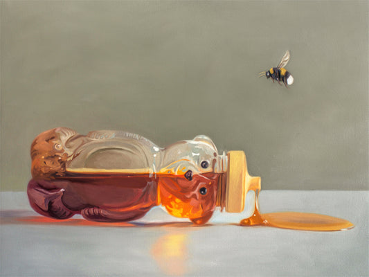 This artwork features a classic honey bear bottle tipped on its side spilling its contents while a bumble bee hovers above.