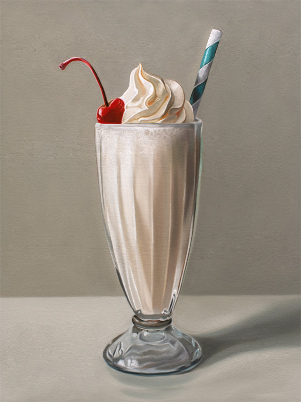 This artwork features an ice-cool vanilla milkshake with a generous amount of twisted whip cream, a maraschino cherry and classic striped straw.