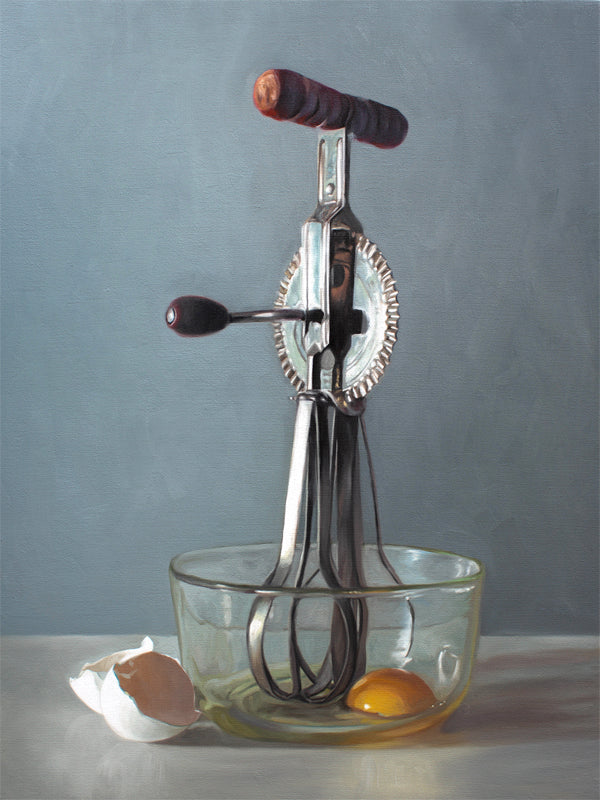 This artwork features an antique egg beater and a glass bowl containing an egg white the white shells juxtaposed on the left.