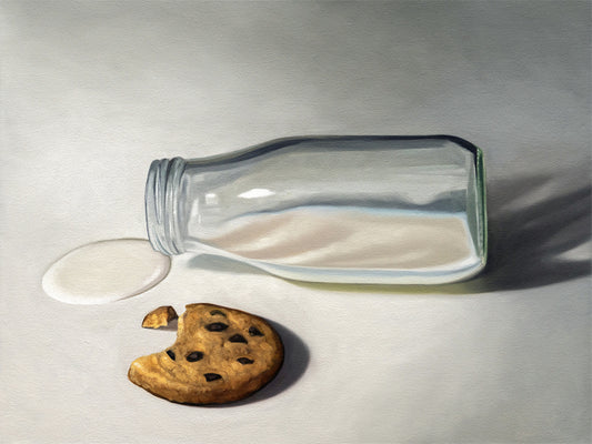 This artwork features a spilled glass bottle of milk alongside a single chocolate chip cookie.