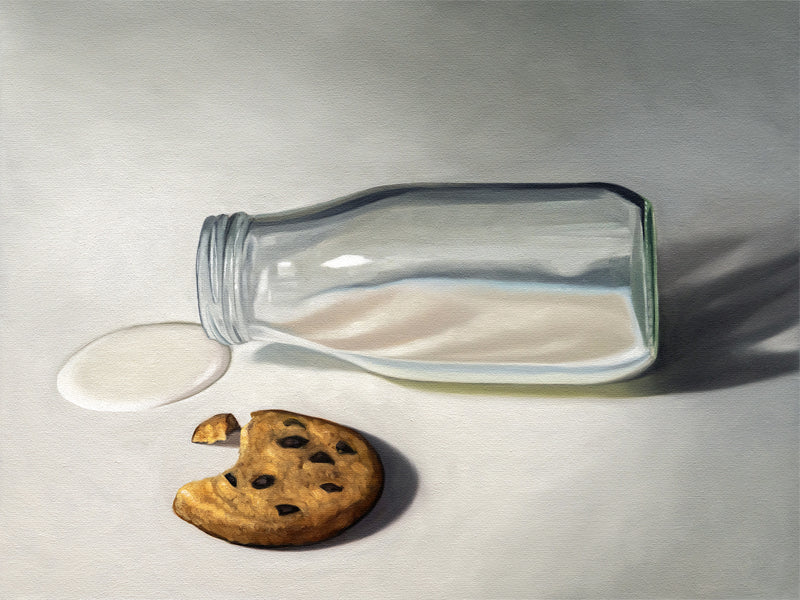 This artwork features a spilled glass bottle of milk alongside a single chocolate chip cookie.
