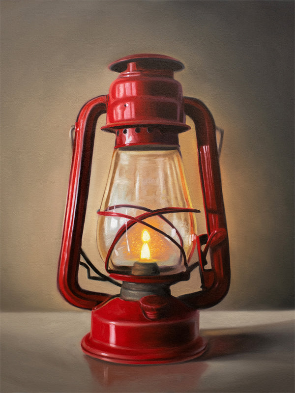 This artwork features a vintage red lantern illuminating the wall behind with its flame.