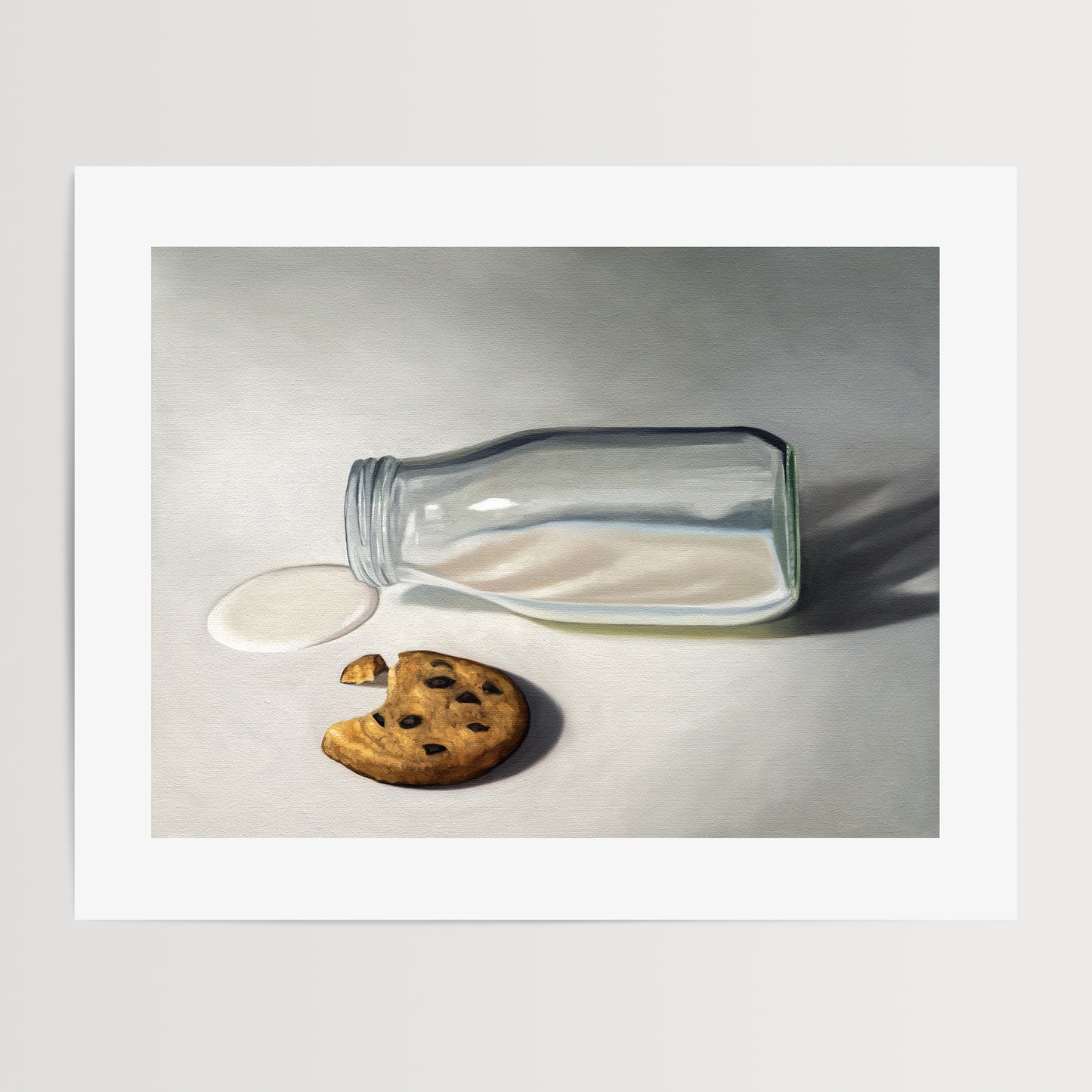 This artwork features a spilled glass bottle of milk alongside a single chocolate chip cookie.
