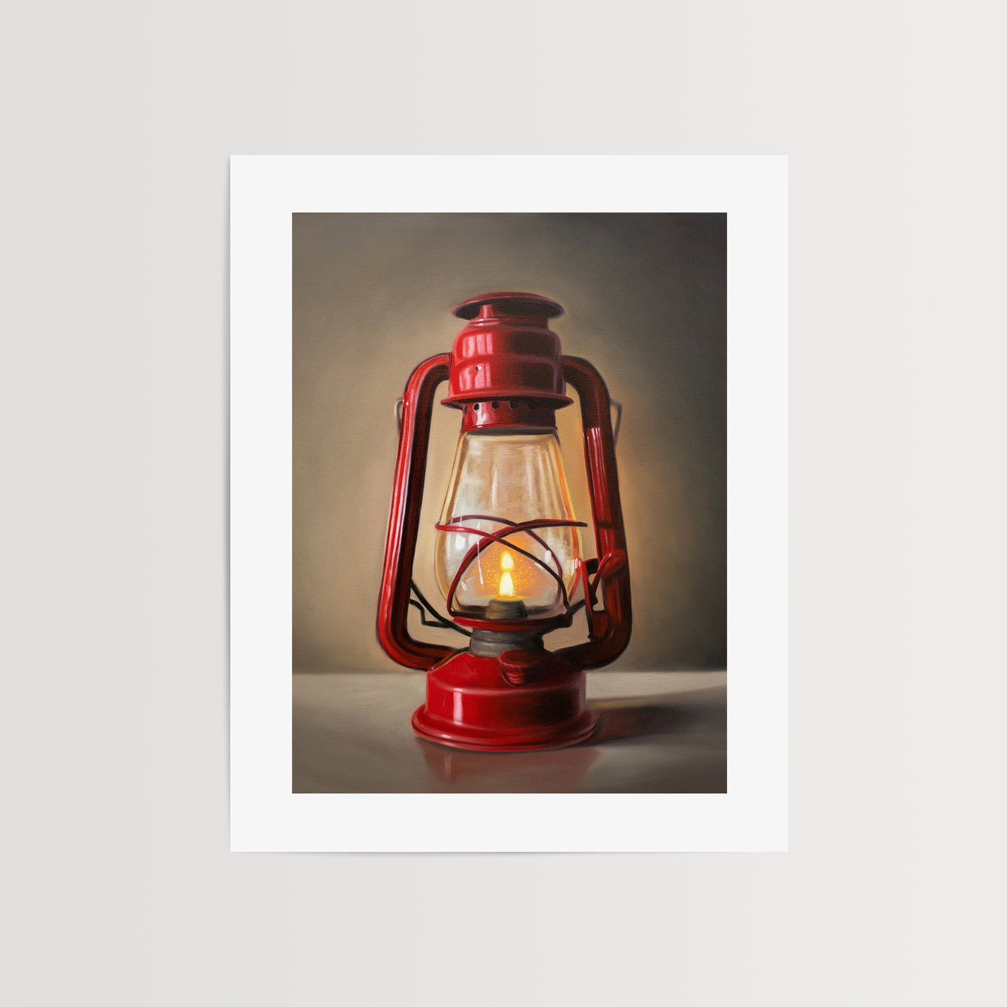 This artwork features a vintage red lantern illuminating the wall behind with its flame.