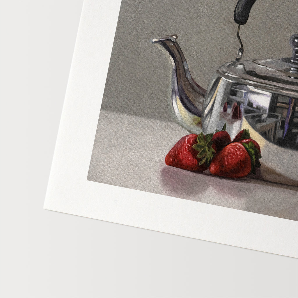 This artwork features a few strawberries resting next to a vintage reflective tea kettle.