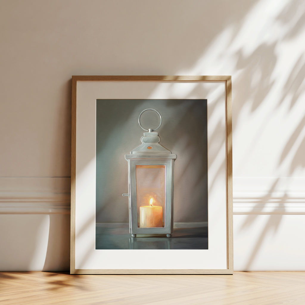This artwork features a white lantern with a lit candle glowing on the inside.