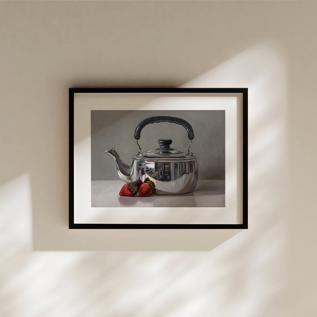 This artwork features a few strawberries resting next to a vintage reflective tea kettle.