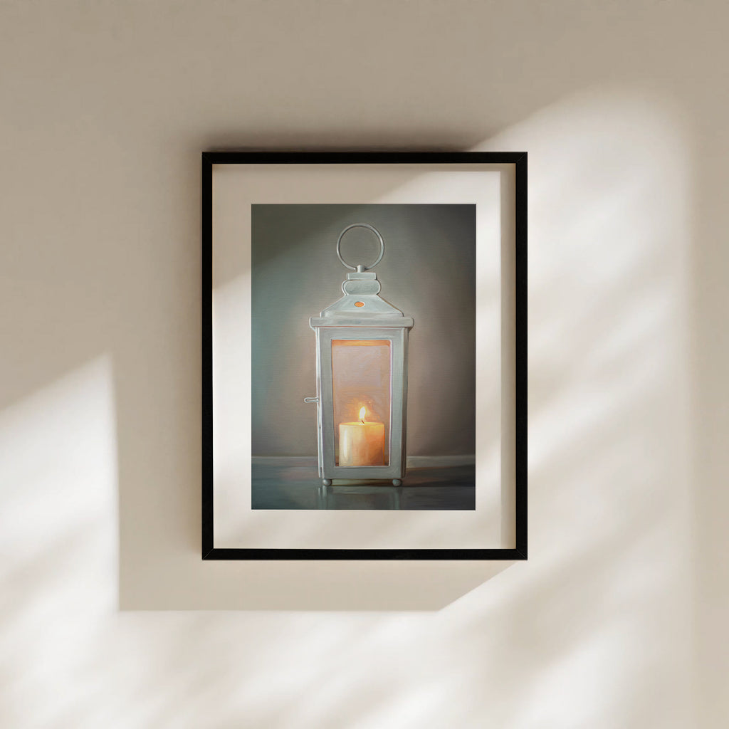 This artwork features a white lantern with a lit candle glowing on the inside.