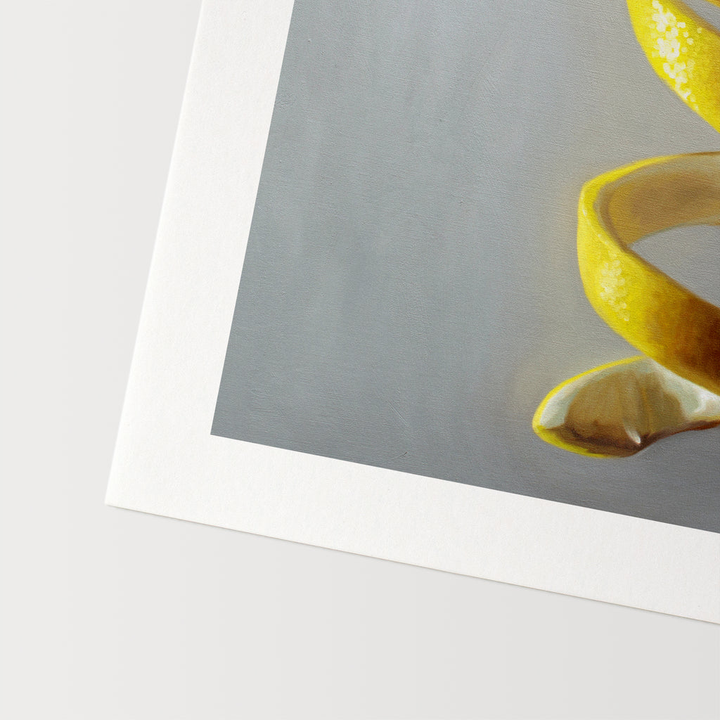 This artwork features a lemon half with its peeling twisting downward.