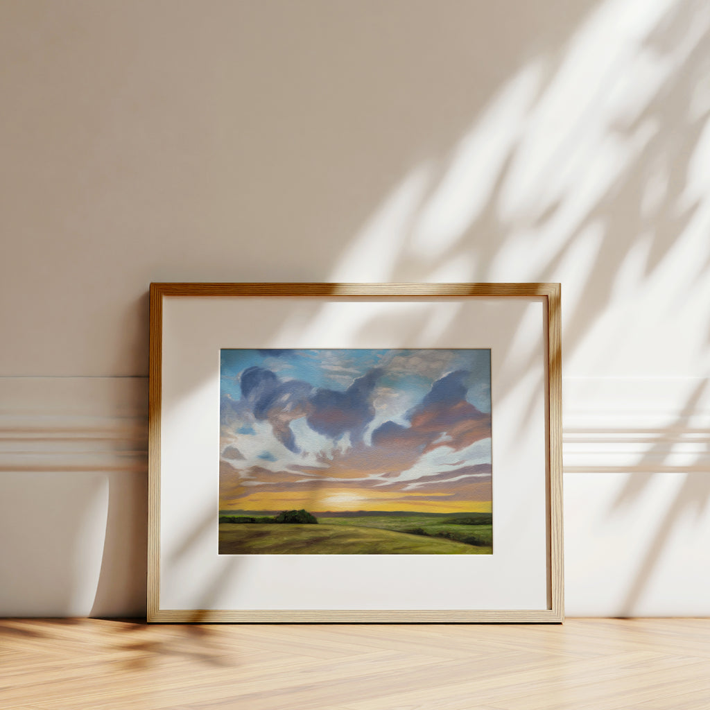 This artwork features a midwest afternoon landscape towards sunset.