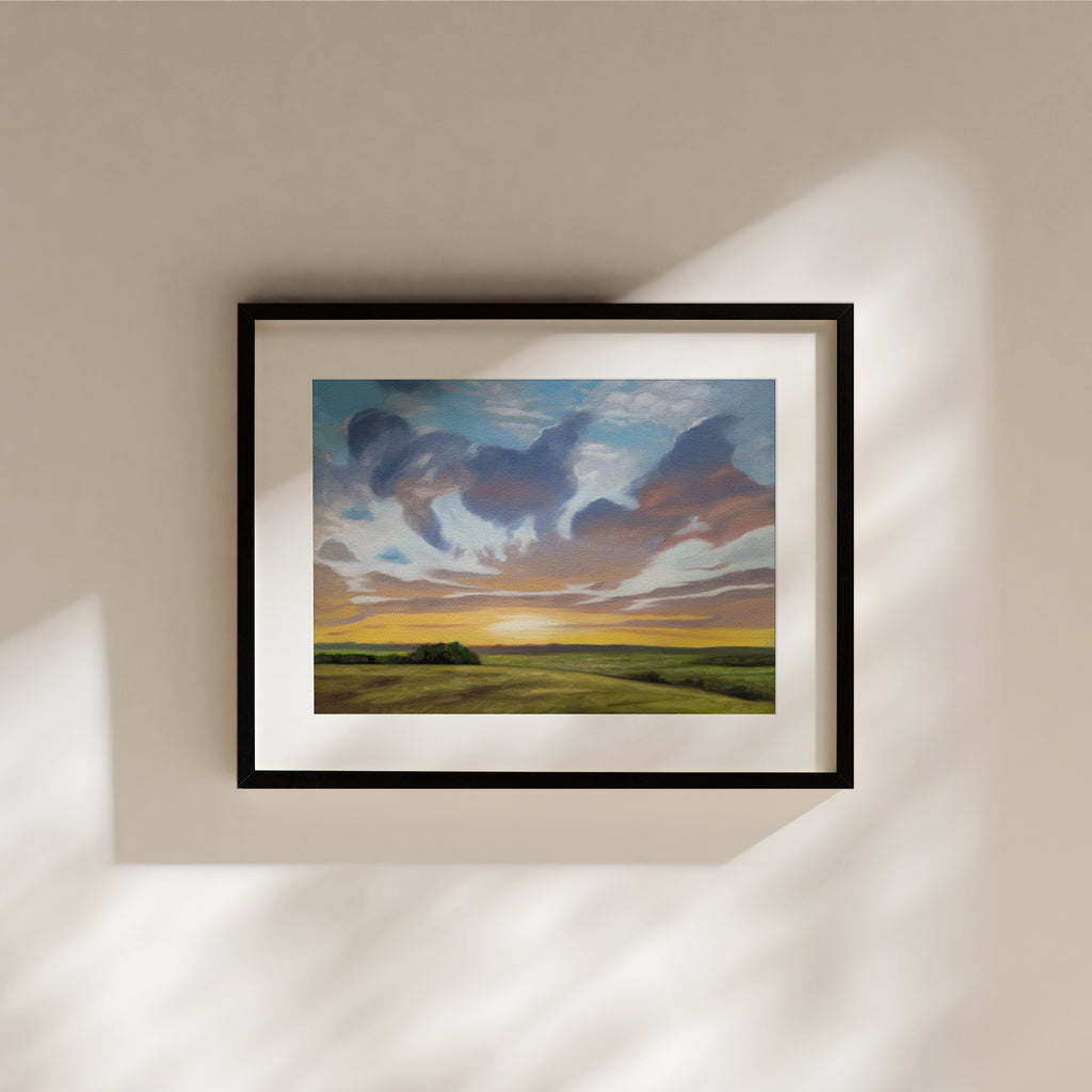 This artwork features a midwest afternoon landscape towards sunset.
