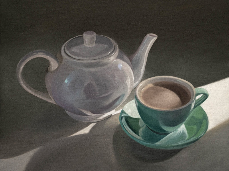 This artwork features a white teapot and green cup with saucer resting in some nice morning light peeking in through a window.