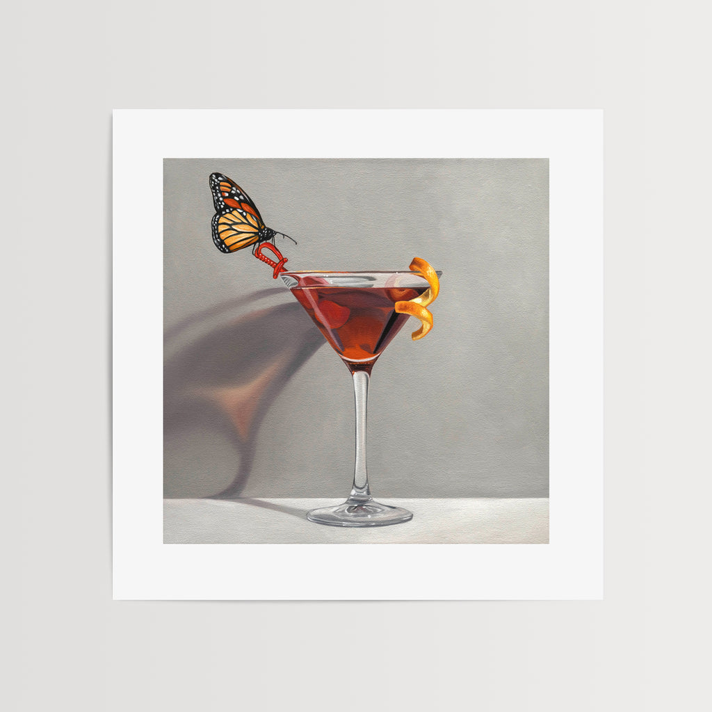This artwork features a Monarch butterfly perched on a Manhattan cocktail with cherries and an orange twist garnish.