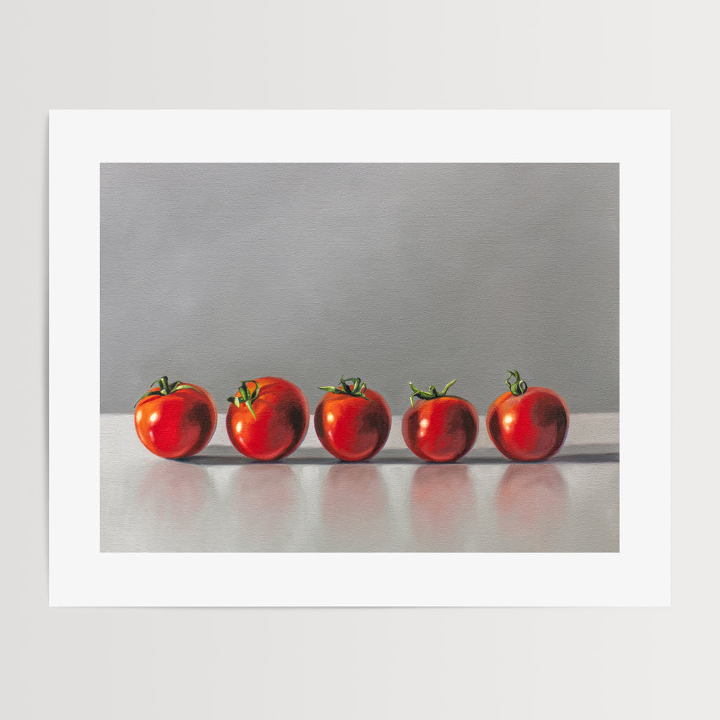 This painting features a row of five bright red tomatoes lined up perfectly on a light grey, reflective surface with dramatic side lighting.