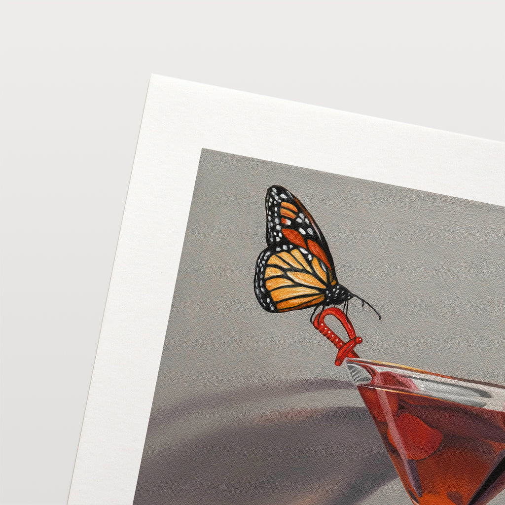 This artwork features a Monarch butterfly perched on a Manhattan cocktail with cherries and an orange twist garnish.