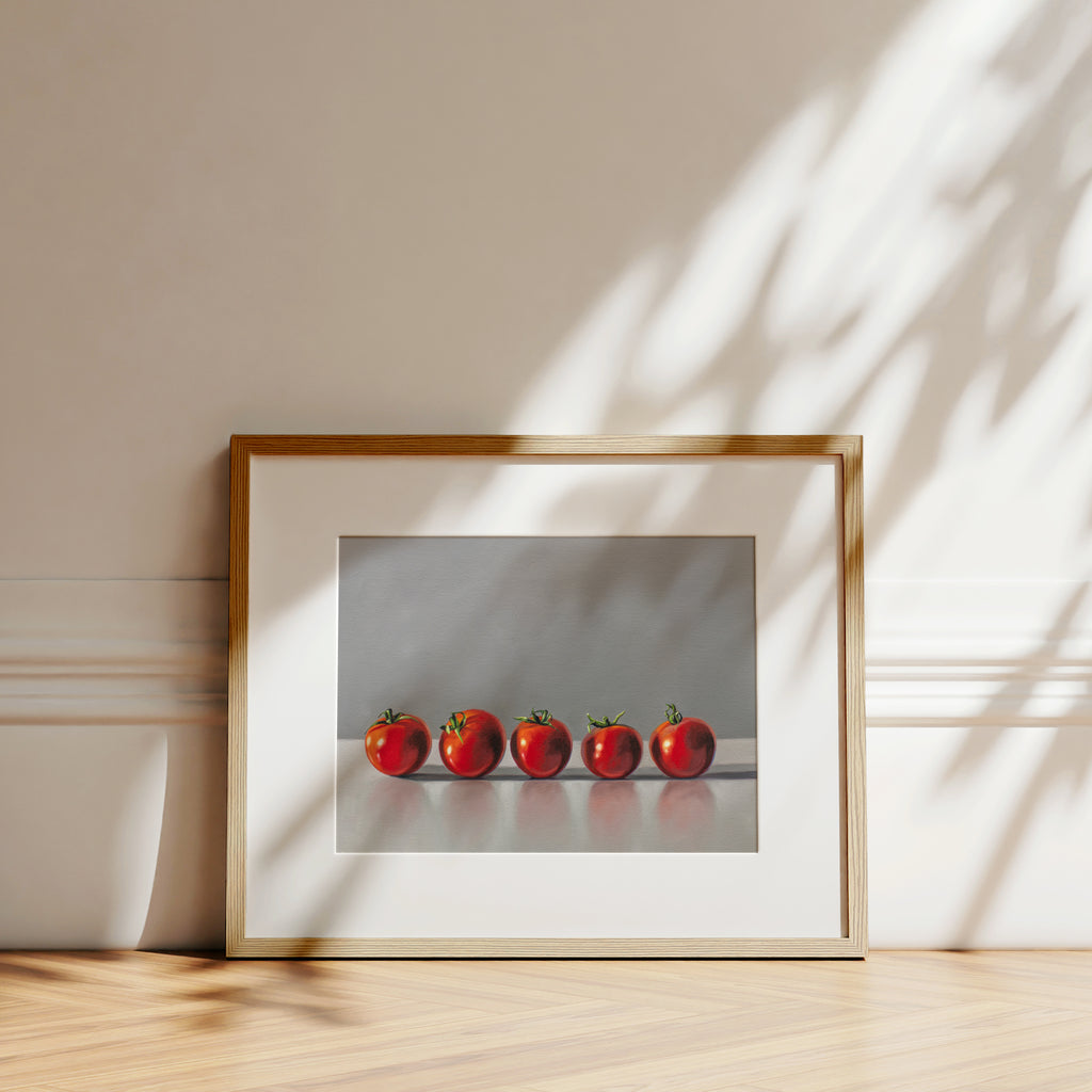This painting features a row of five bright red tomatoes lined up perfectly on a light grey, reflective surface with dramatic side lighting.