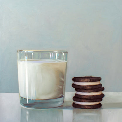 This artwork features a glass of milk and a trio of Double Stuff Oreos on a light, reflective surface with dramatic lighting and cast shadows.