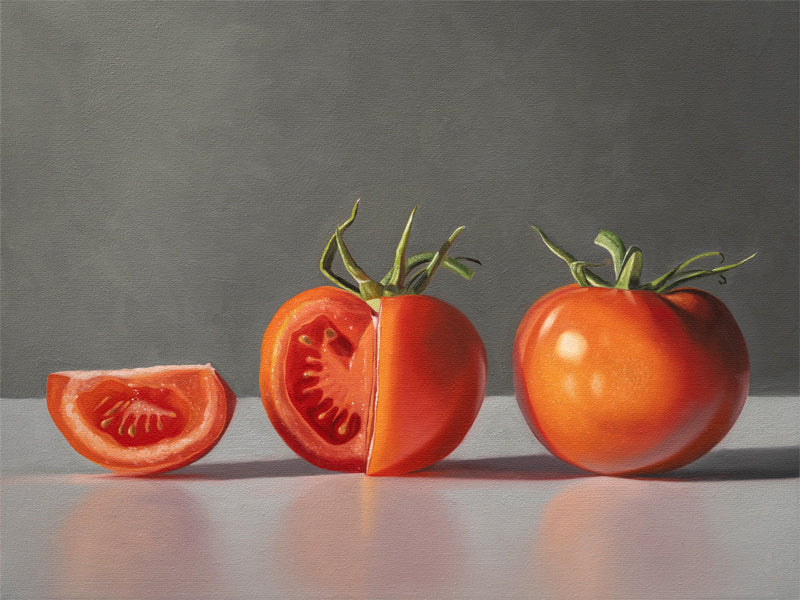 This artwork features a quarter sliced tomato adjacent to a whole tomato resting on a neutral reflective surface.