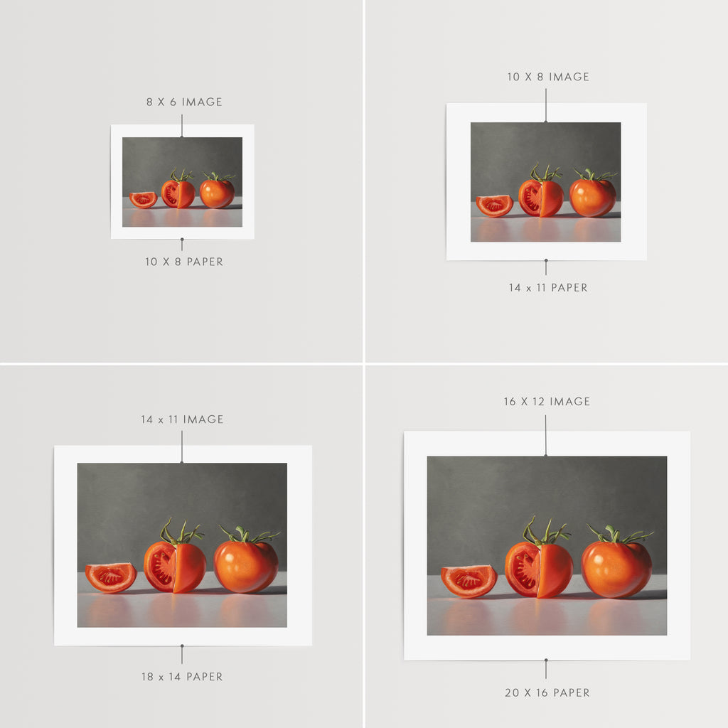 This artwork features a quarter sliced tomato adjacent to a whole tomato resting on a neutral reflective surface.