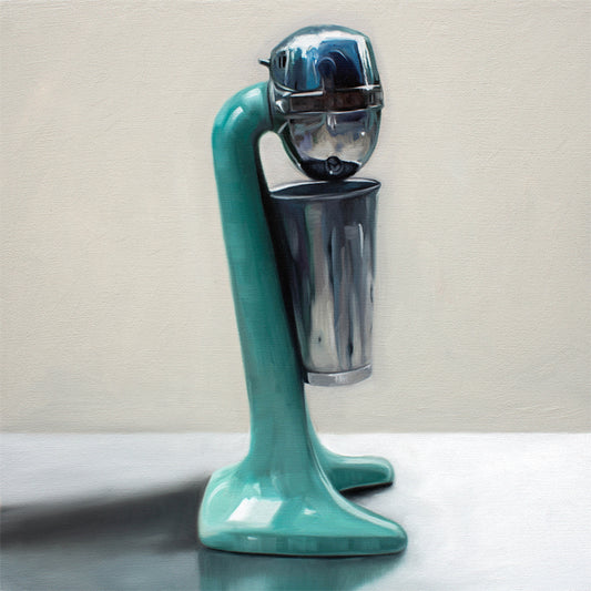 This artwork features a vintage turquoise milkshake mixer resting on a light reflective surface and grey background.