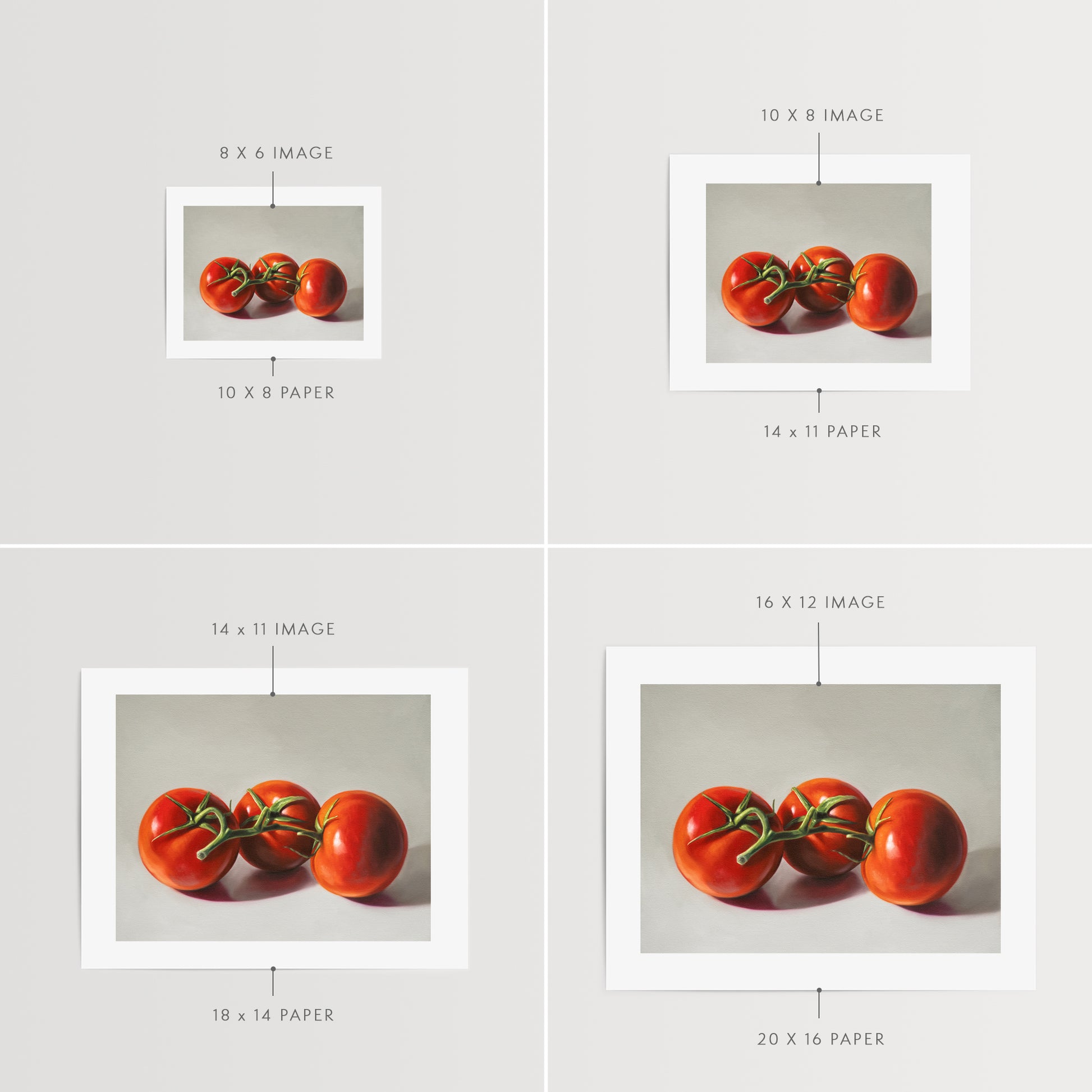 This artwork features a trio of tomatoes still on the vine, resting on a light surface with some nice dramatic lighting.