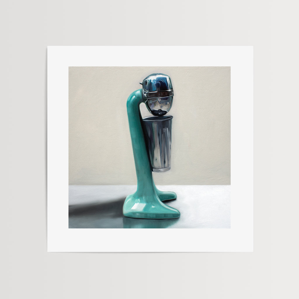This artwork features a vintage turquoise milkshake mixer resting on a light reflective surface and grey background.