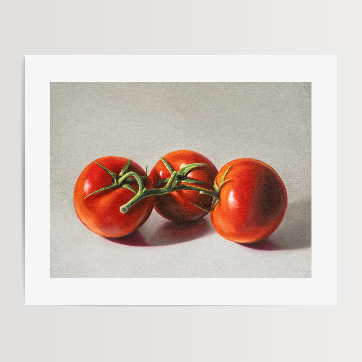 This artwork features a trio of tomatoes still on the vine, resting on a light surface with some nice dramatic lighting.