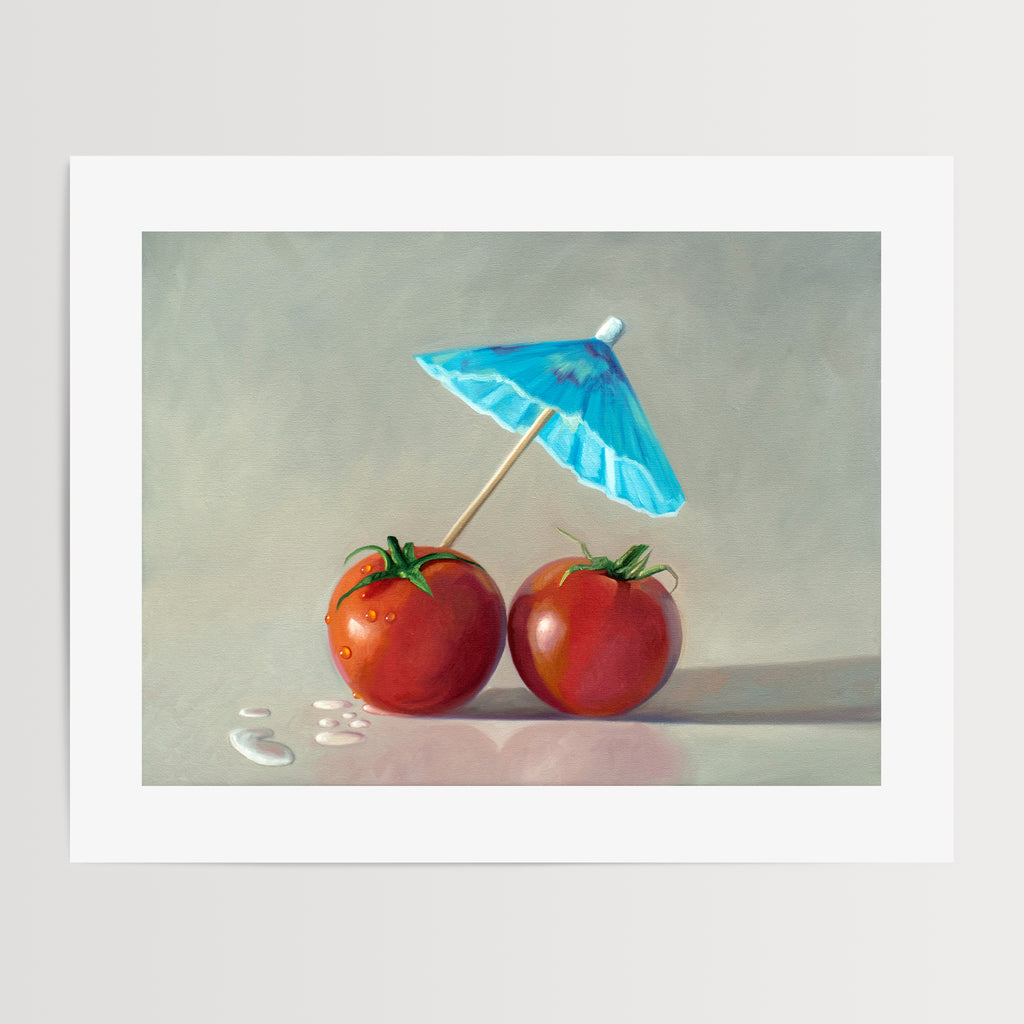 This artwork features a dew-drop covered tomato protects his companion from the rain with a bright blue cocktail umbrella.
