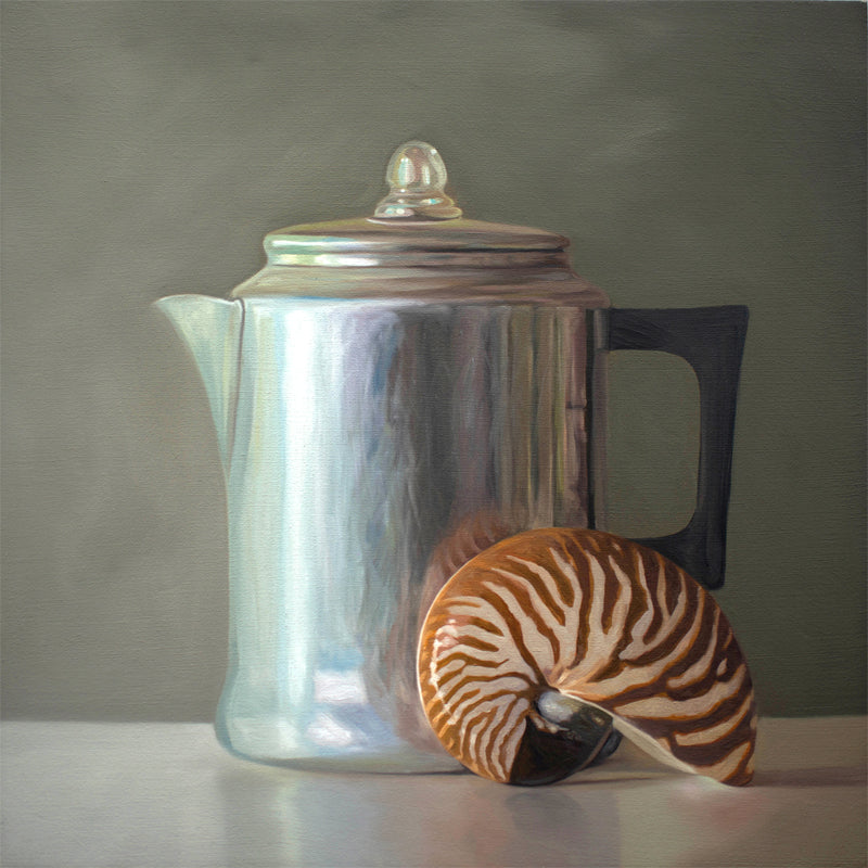This artwork features a nautilus shell resting next to a vintage tea kettle.This artwork is from a series featuring tea kettles paired with various objects.